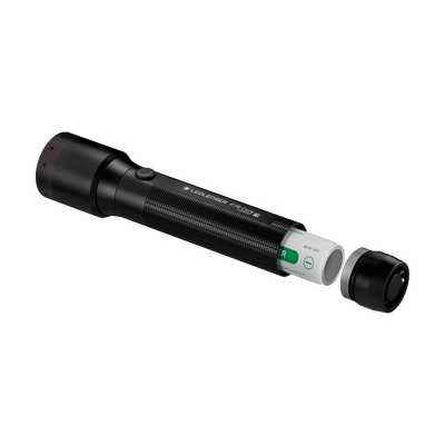 Ledlenser P7R Core Torch shown with battery pack inserted cap removed angled view of a black handheld flashlight