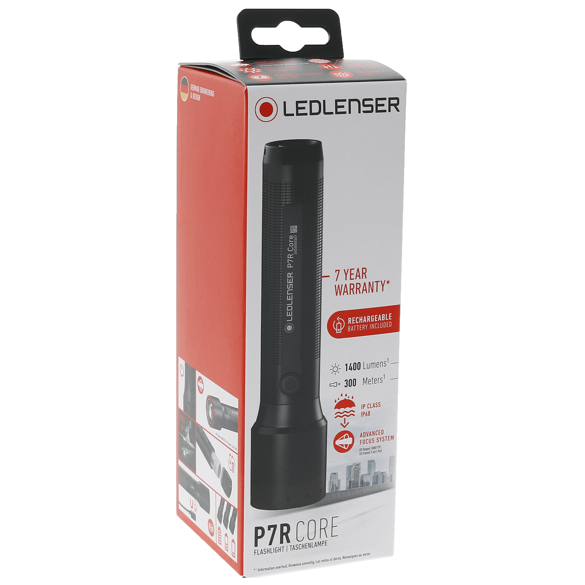 Ledlenser P7R Core Torch packaging showing a tall black handheld flashlight on a red and white box