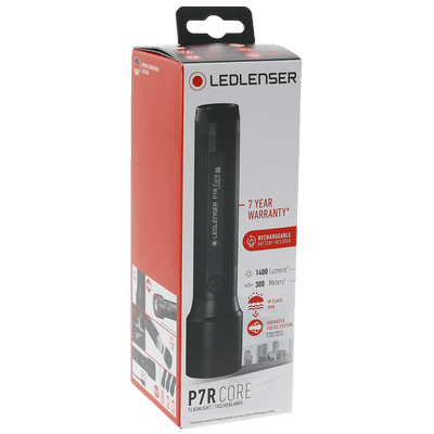 Ledlenser P7R Core Torch packaging showing a tall black handheld flashlight on a red and white box