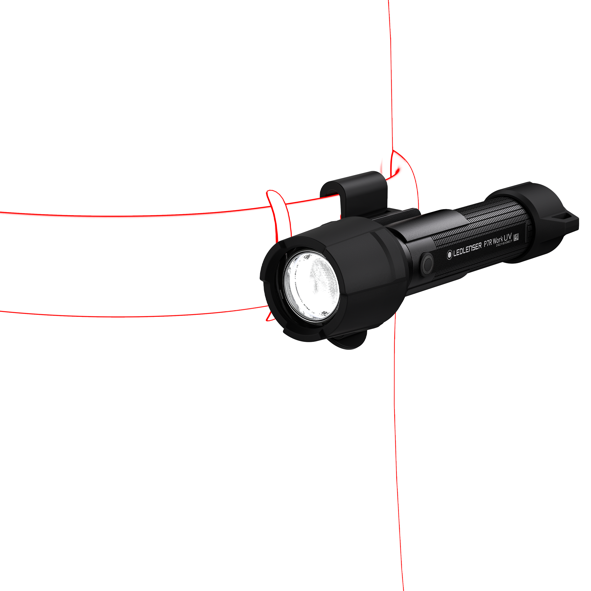 Ledlenser P7R Work UV Torch shown in side view black rechargeable torch with front LED and integrated clip