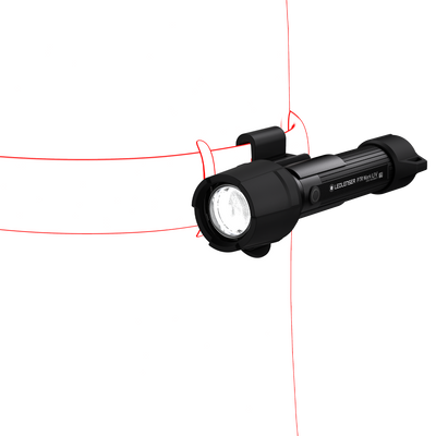Ledlenser P7R Work UV Torch shown in side view black rechargeable torch with front LED and integrated clip