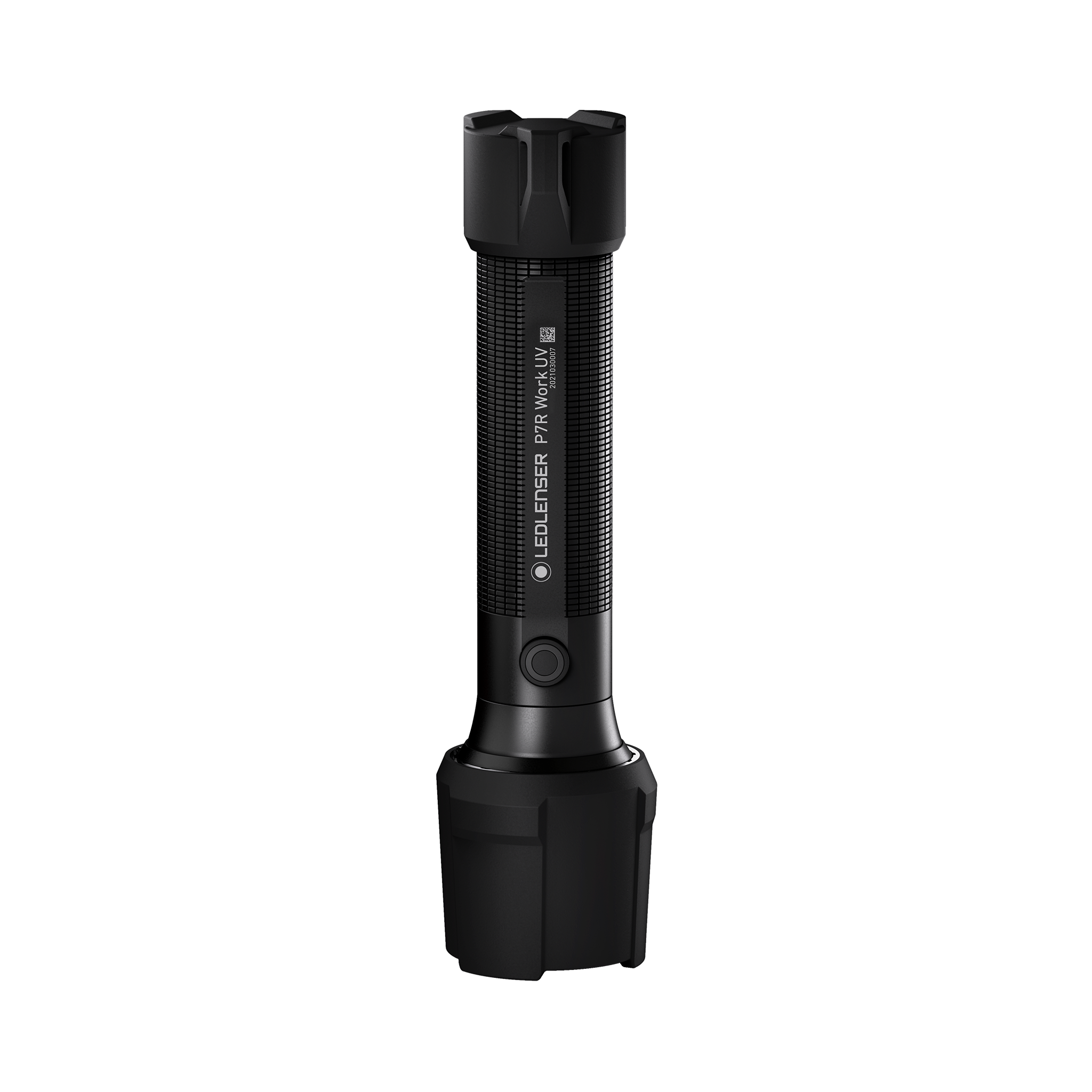 Ledlenser P7R Work UV Torch upright showing textured black body and durable tail cap for professional use