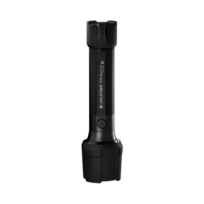 Ledlenser P7R Work UV Torch upright showing textured black body and durable tail cap for professional use