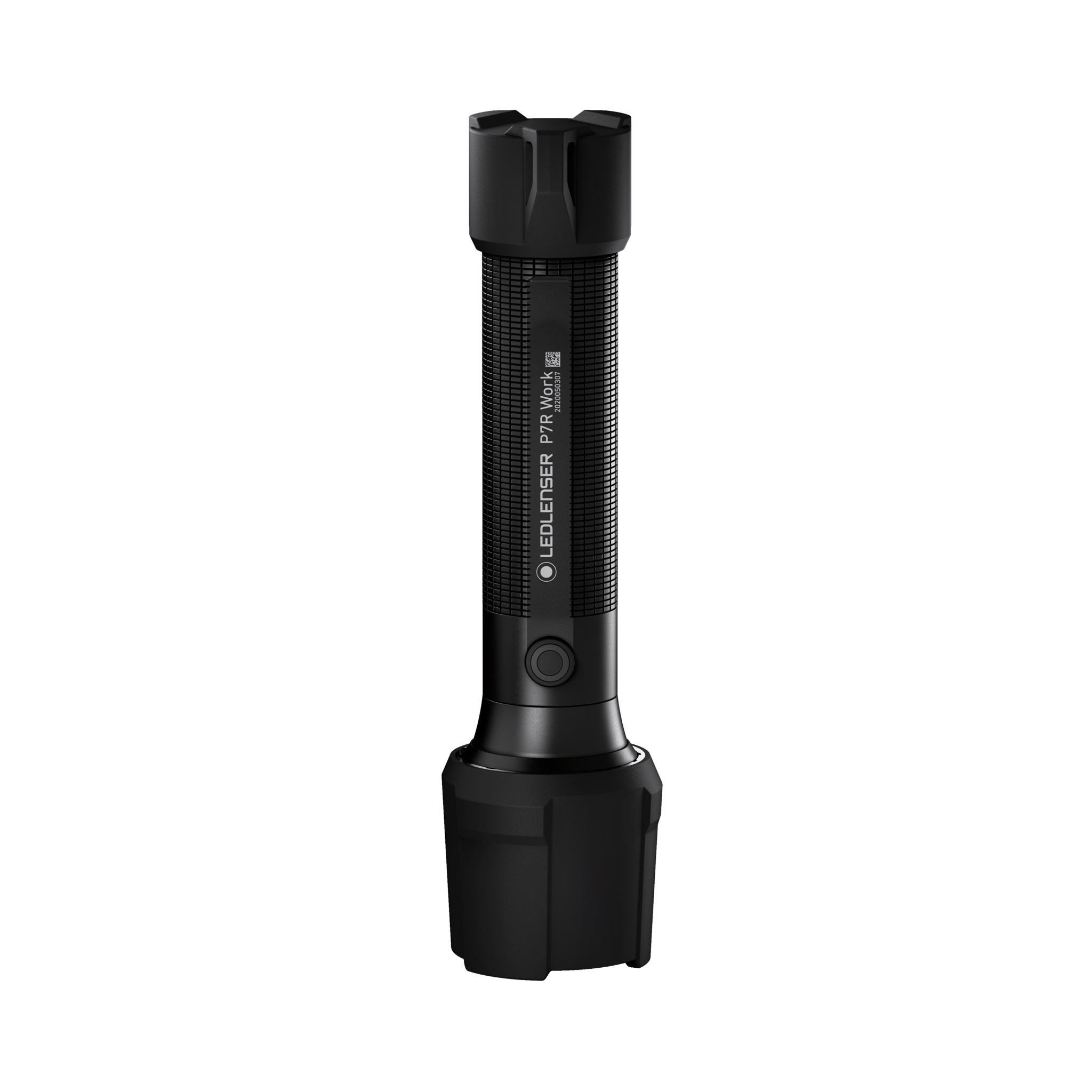 Ledlenser P7R Work Torch standing upright with a black textured body white branding and round power button near the base