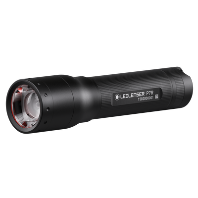 Ledlenser P7R Torch black handheld rechargeable flashlight with textured grip shown from a side angle front lens visible