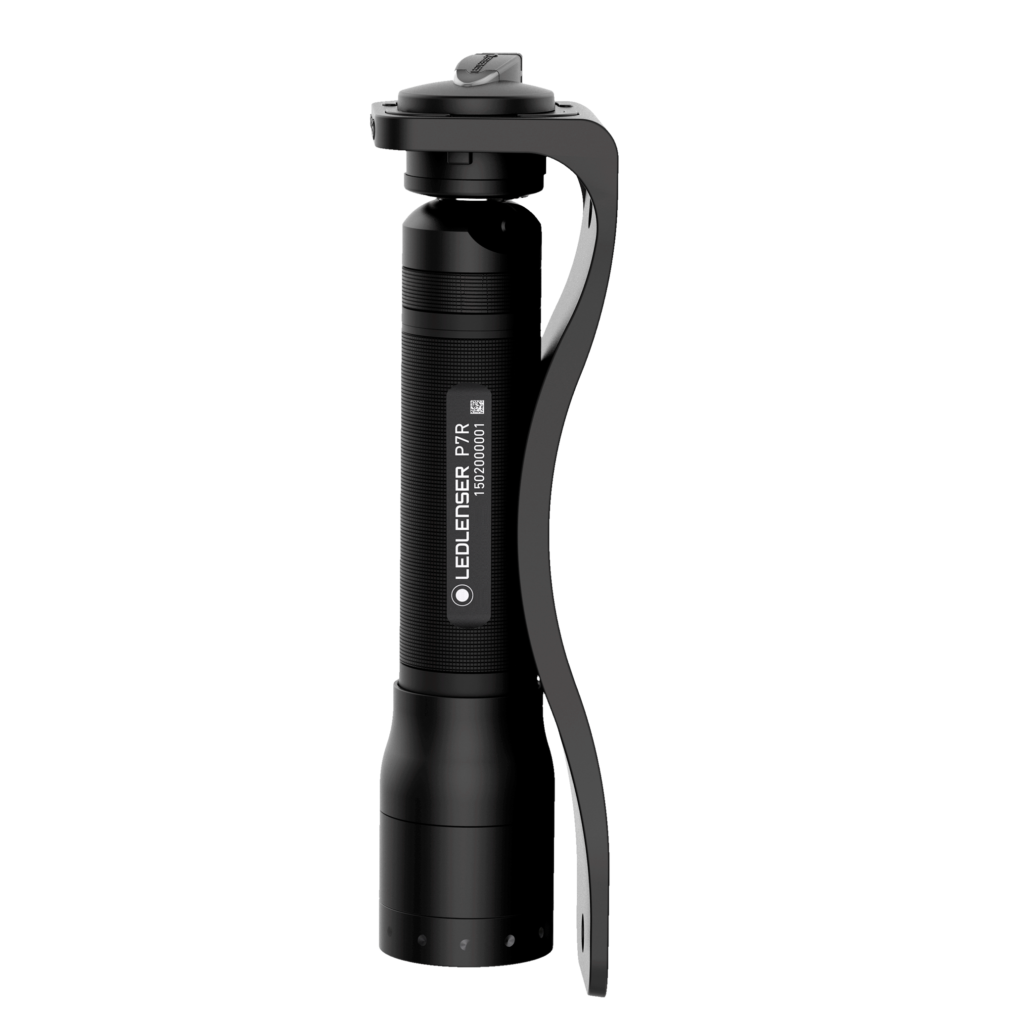 Ledlenser P7R Torch in black shown in side profile with curved ergonomic handle and textured body