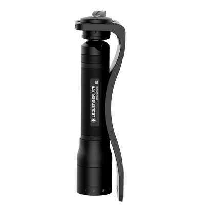 Ledlenser P7R Torch in black shown in side profile with curved ergonomic handle and textured body