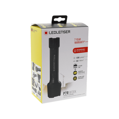 Ledlenser P7R Work Torch packaging box showing a black handheld torch on a white and yellow box with brand logo and product name