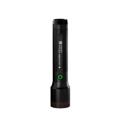 Ledlenser P7R Core Torch vertical handheld flashlight in black with textured grip and green ring button