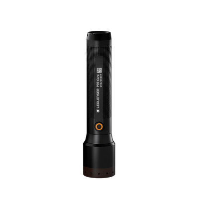 Ledlenser P7R Core Torch upright black cylindrical handheld flashlight with textured grip and orange ring around the power button; barcode label on body