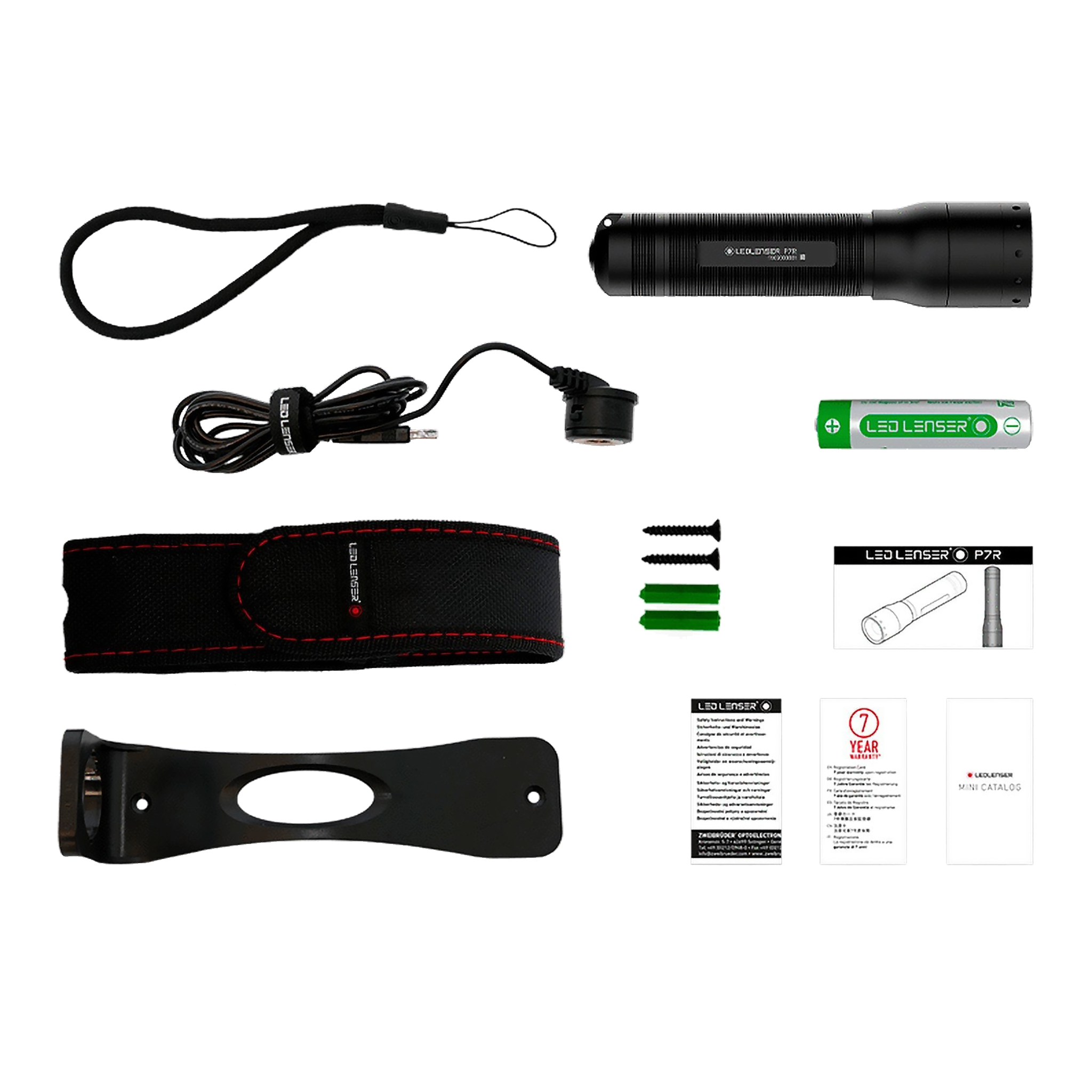 Ledlenser P7R Torch with black aluminum body and accessories including USB charging cable battery wrist lanyard holster belt sheath and manuals