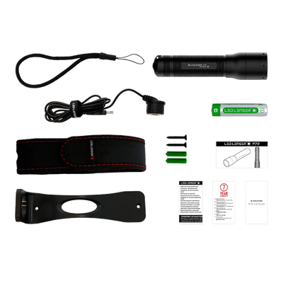 Ledlenser P7R Torch with black aluminum body and accessories including USB charging cable battery wrist lanyard holster belt sheath and manuals