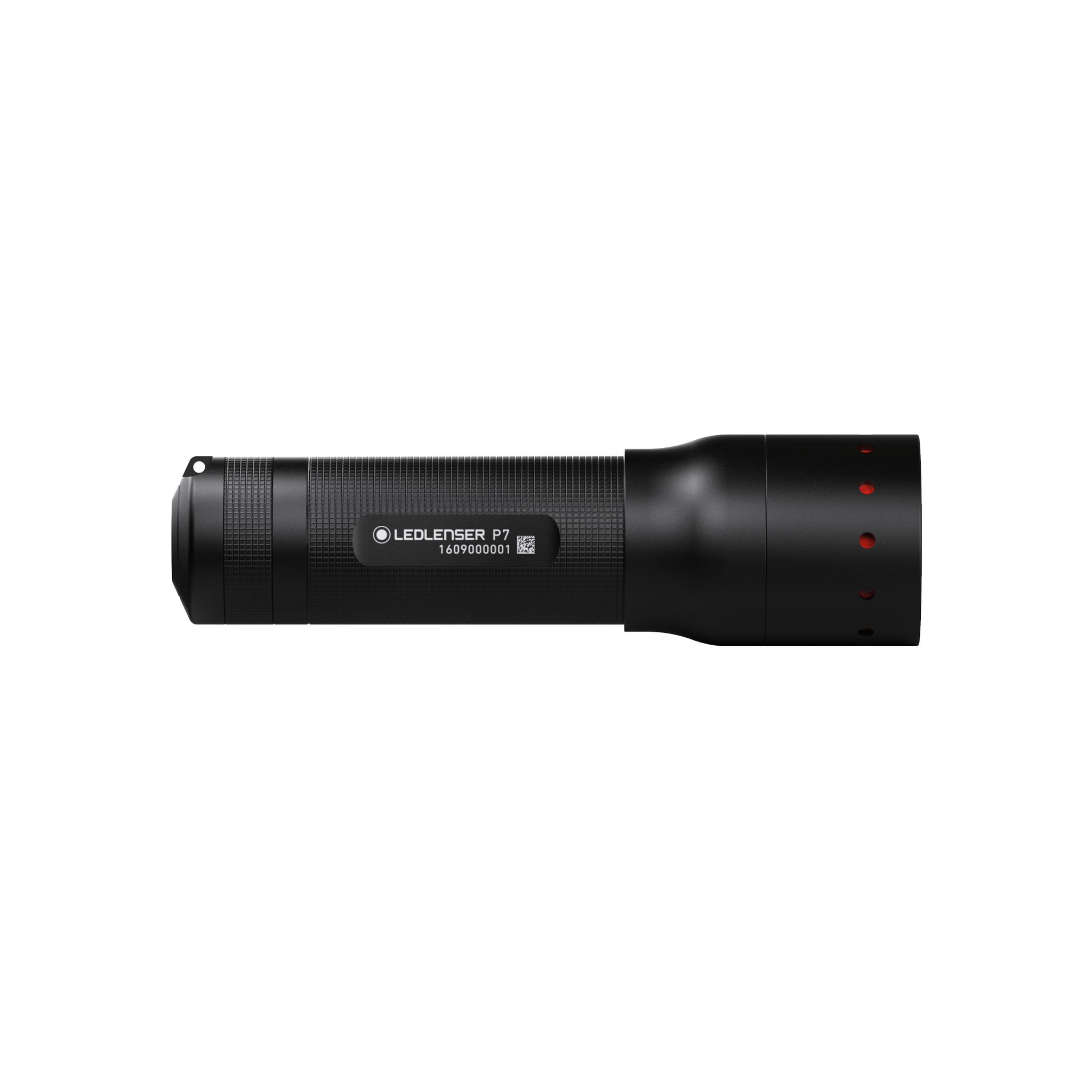 Ledlenser P7 Core Torch in black with knurled grip shown in side profile; end cap with red indicator holes