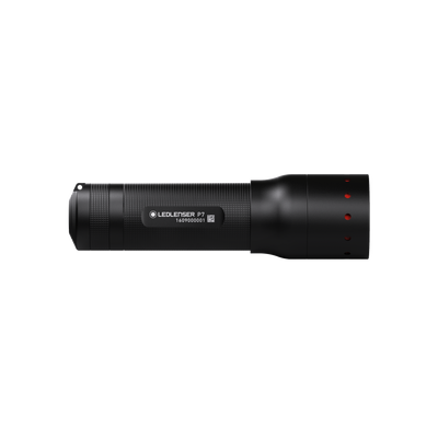 Ledlenser P7 Core Torch in black with knurled grip shown in side profile; end cap with red indicator holes