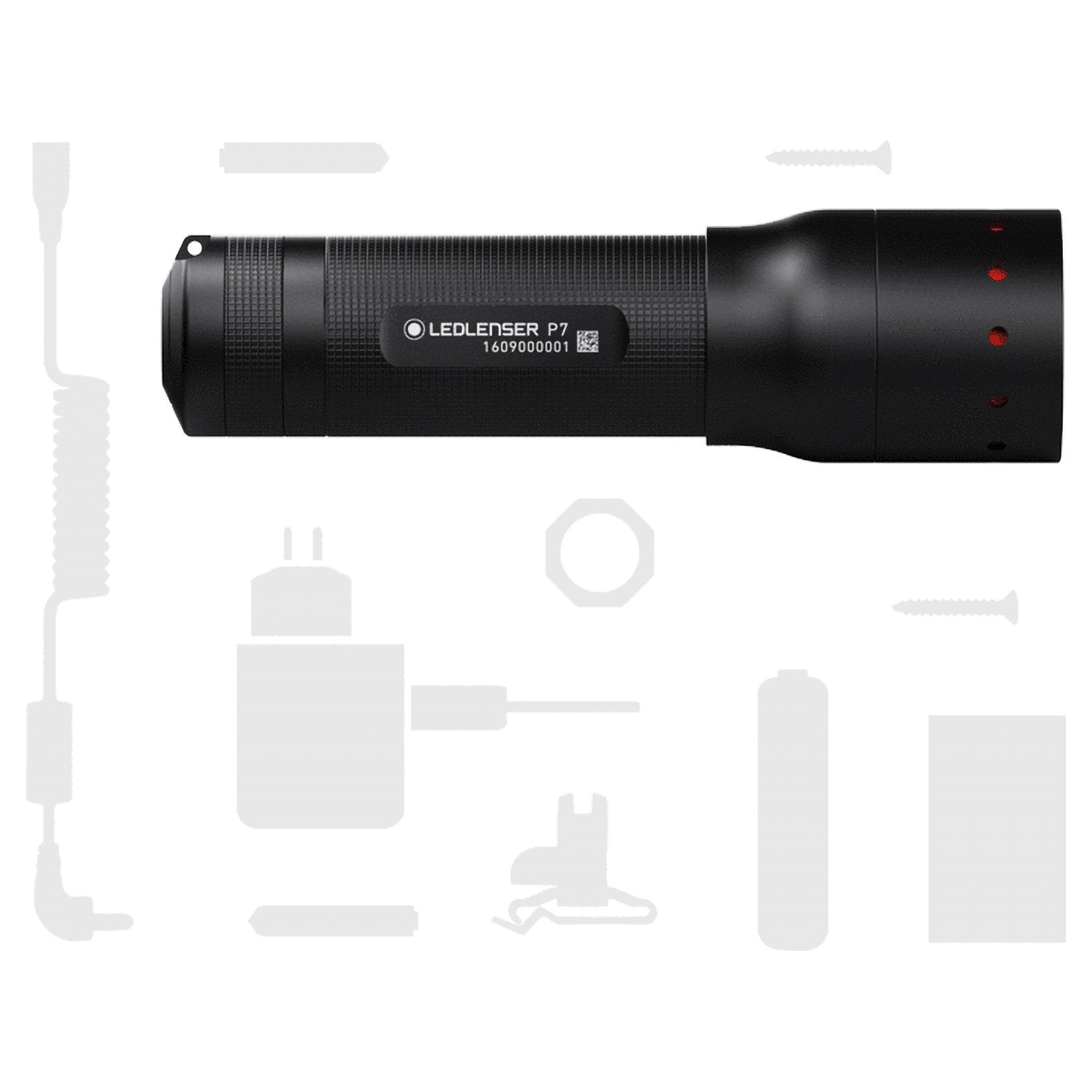 P7 Battery Operated Torch shown horizontally black cylindrical handheld flashlight with a knurled grip and red indicator lights on the tail