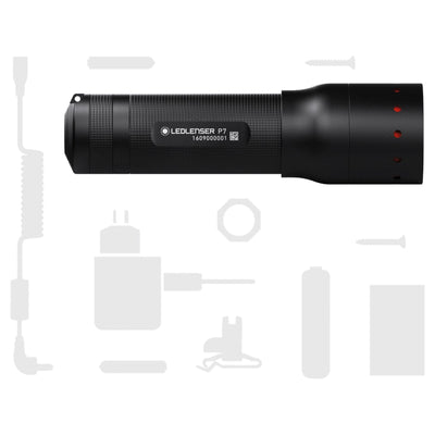 P7 Battery Operated Torch shown horizontally black cylindrical handheld flashlight with a knurled grip and red indicator lights on the tail
