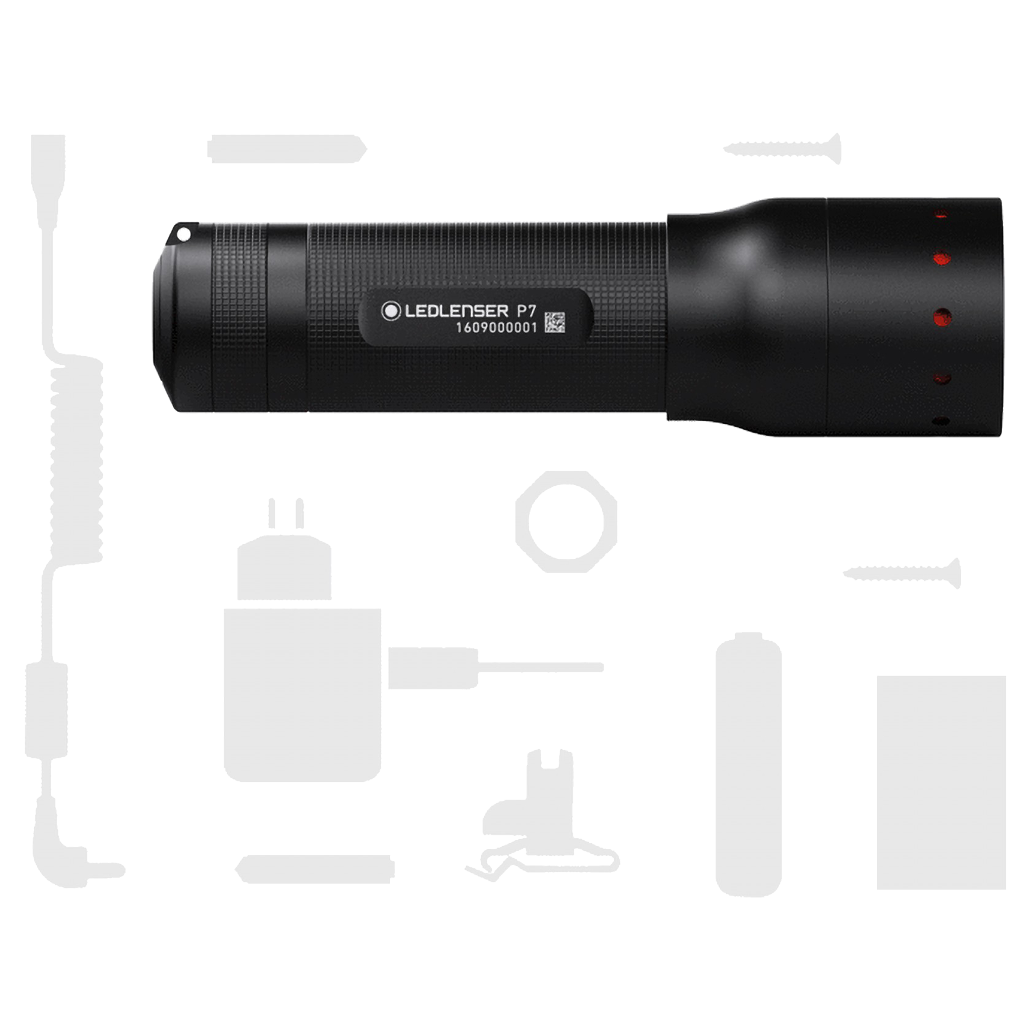 Ledlenser P7 Core Torch with black textured body and red indicator lights shown horizontally among accessory silhouettes