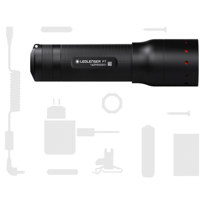 Ledlenser P7 Core Torch with black textured body and red indicator lights shown horizontally among accessory silhouettes