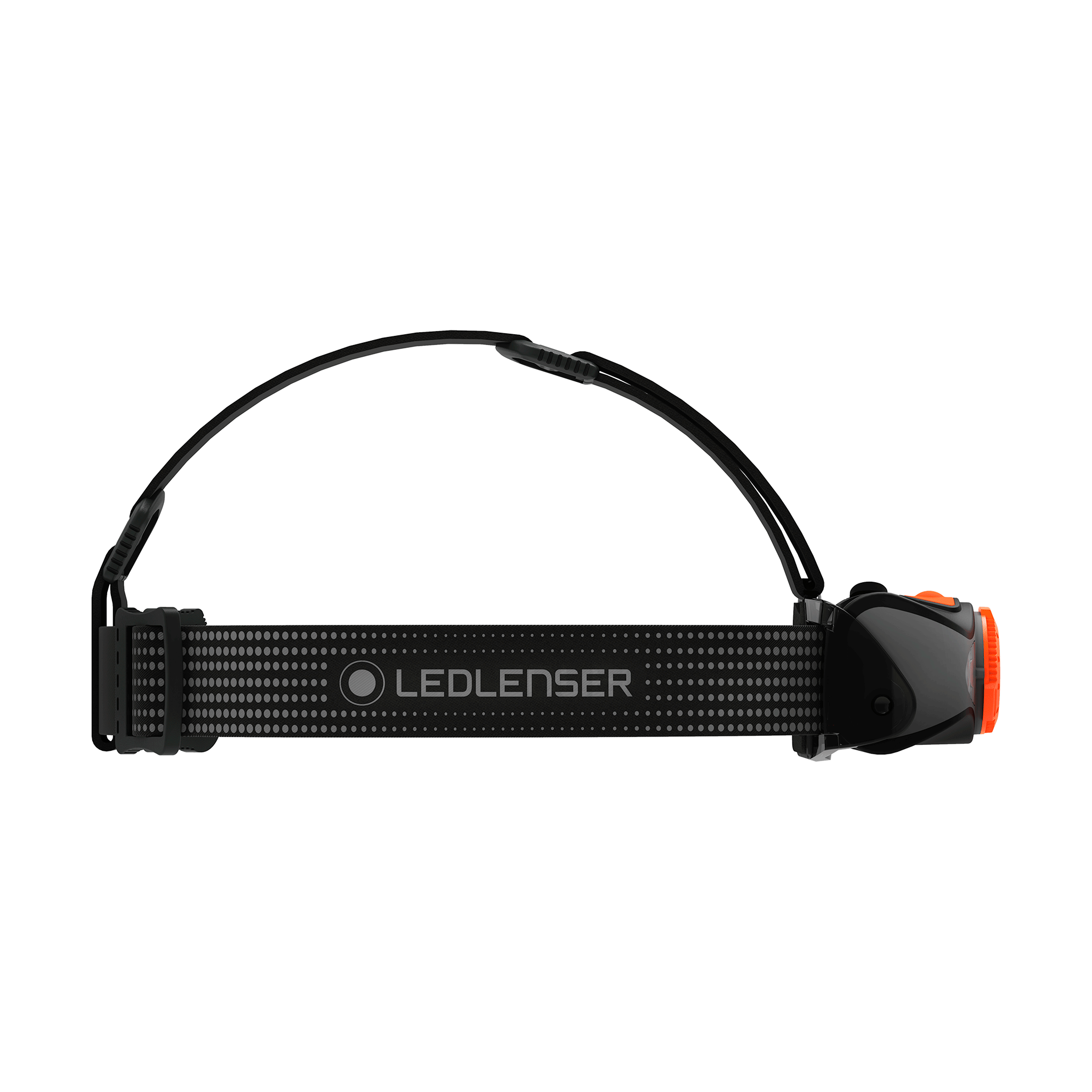 MH7 Outdoor Headlamp by Ledlenser with black adjustable headband and orange dial on the battery housing