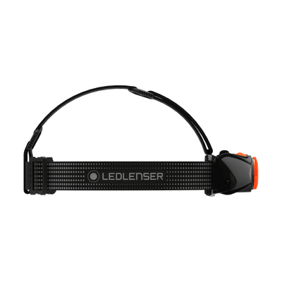 MH7 Outdoor Headlamp by Ledlenser with black adjustable headband and orange dial on the battery housing
