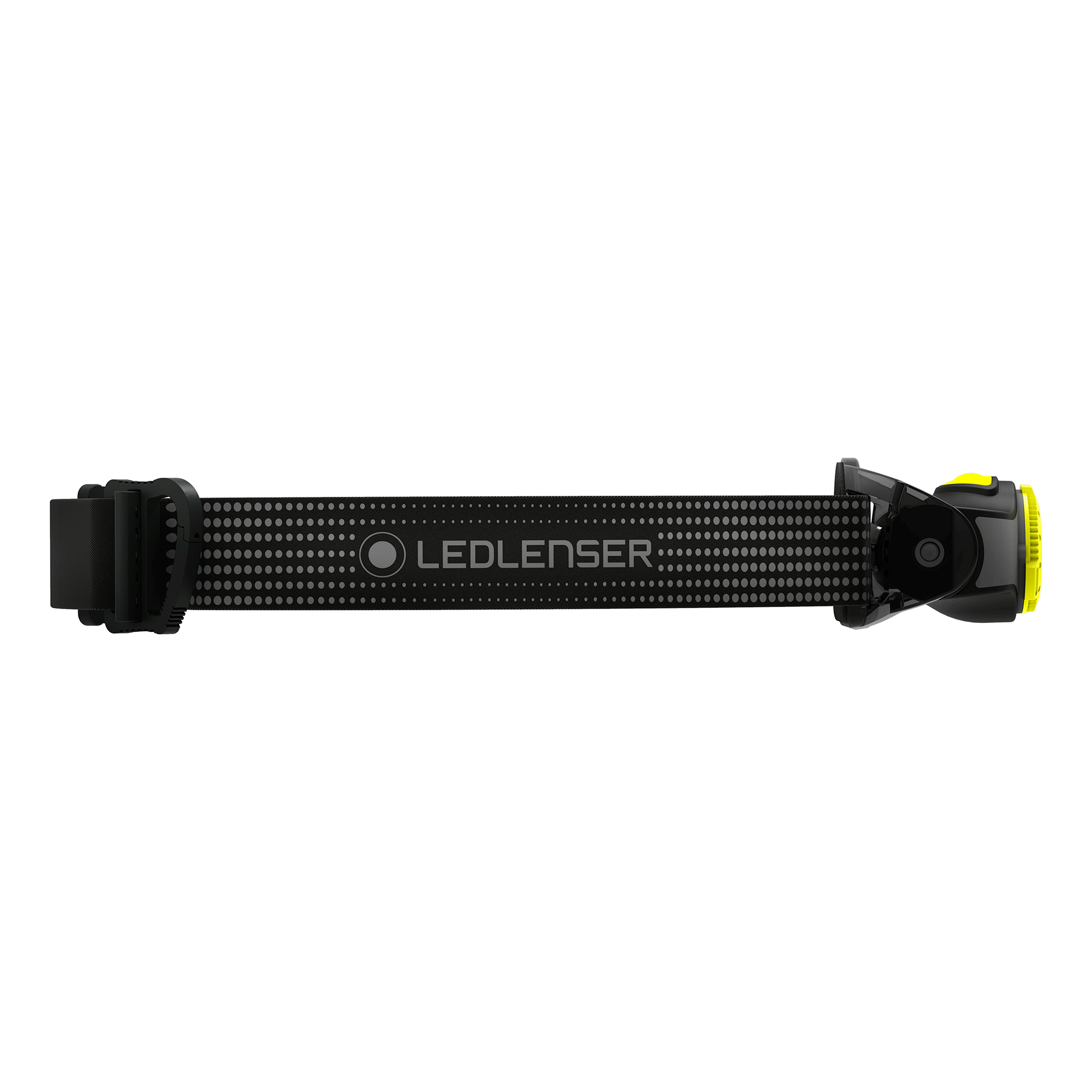 MH3 Headlamp by Ledlenser with black adjustable headband and yellow accent light housing side profile view