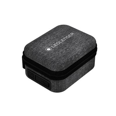 MH8 Powercase Combo Headlamp & Charging Case grey fabric carrying case with zipper and Ledlenser logo