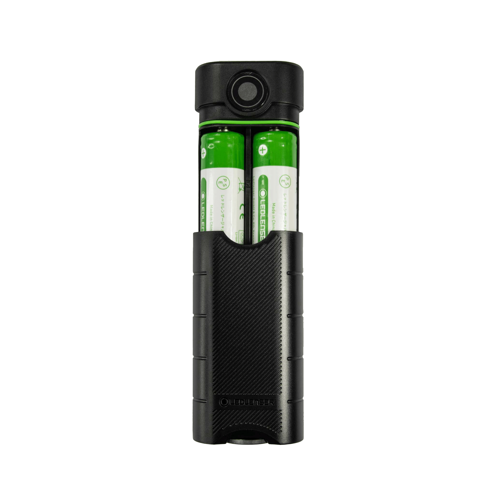 Ledlenser Flex10 Powerbank with two AA cells visible in a compact black housing upright orientation