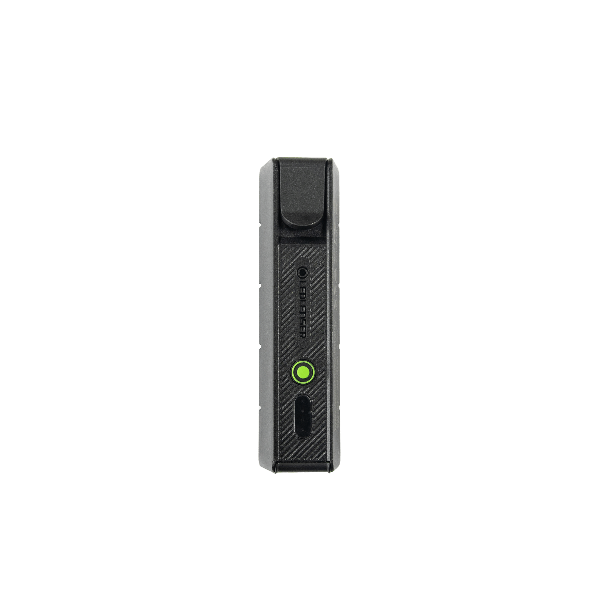 Ledlenser Flex5 Powerbank vertical side view showing green power button and charging port