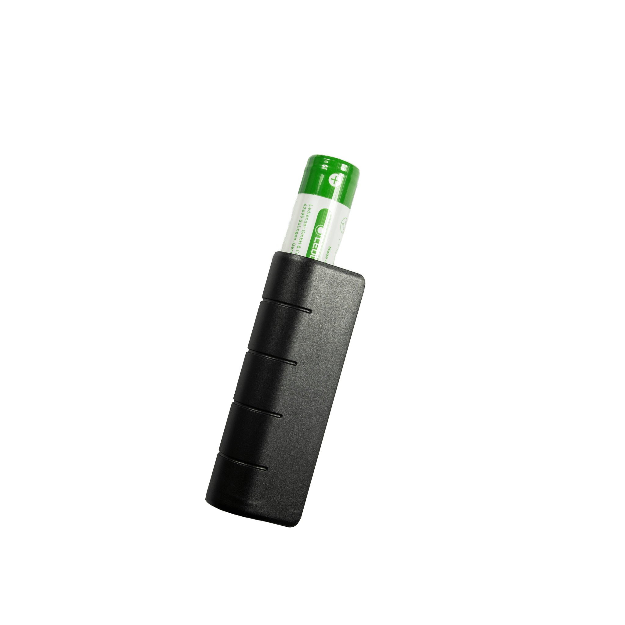 Ledlenser Flex5 Powerbank with green battery partially inserted into the black rectangular charging bank