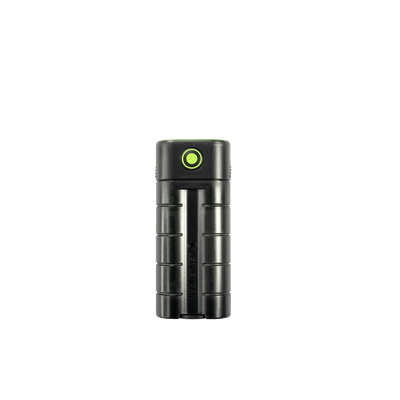 Ledlenser Flex7 Powerbank compact black cylindrical portable charger with lime green circular power button upright view