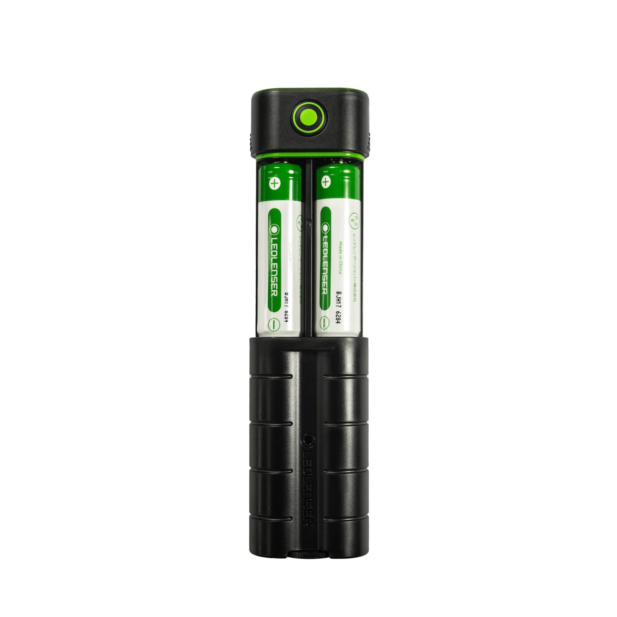 Ledlenser Flex7 Powerbank with two green and white rechargeable batteries loaded in a black charger cradle
