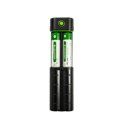 Ledlenser Flex7 Powerbank with two green and white rechargeable batteries loaded in a black charger cradle