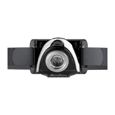 SEO5 Headlamp mounted on an adjustable black headband showing the central LED and focus wheel on the front