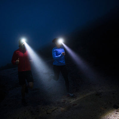 SEO7R Headlamp two people wearing headlamps in a dark outdoor setting with bright beams projecting forward