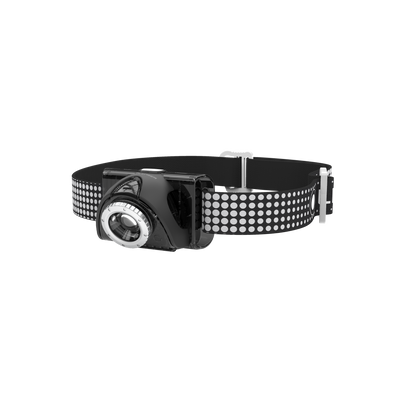 Ledlenser SEO7R Headlamp with a compact black body mounted on a dotted adjustable headband