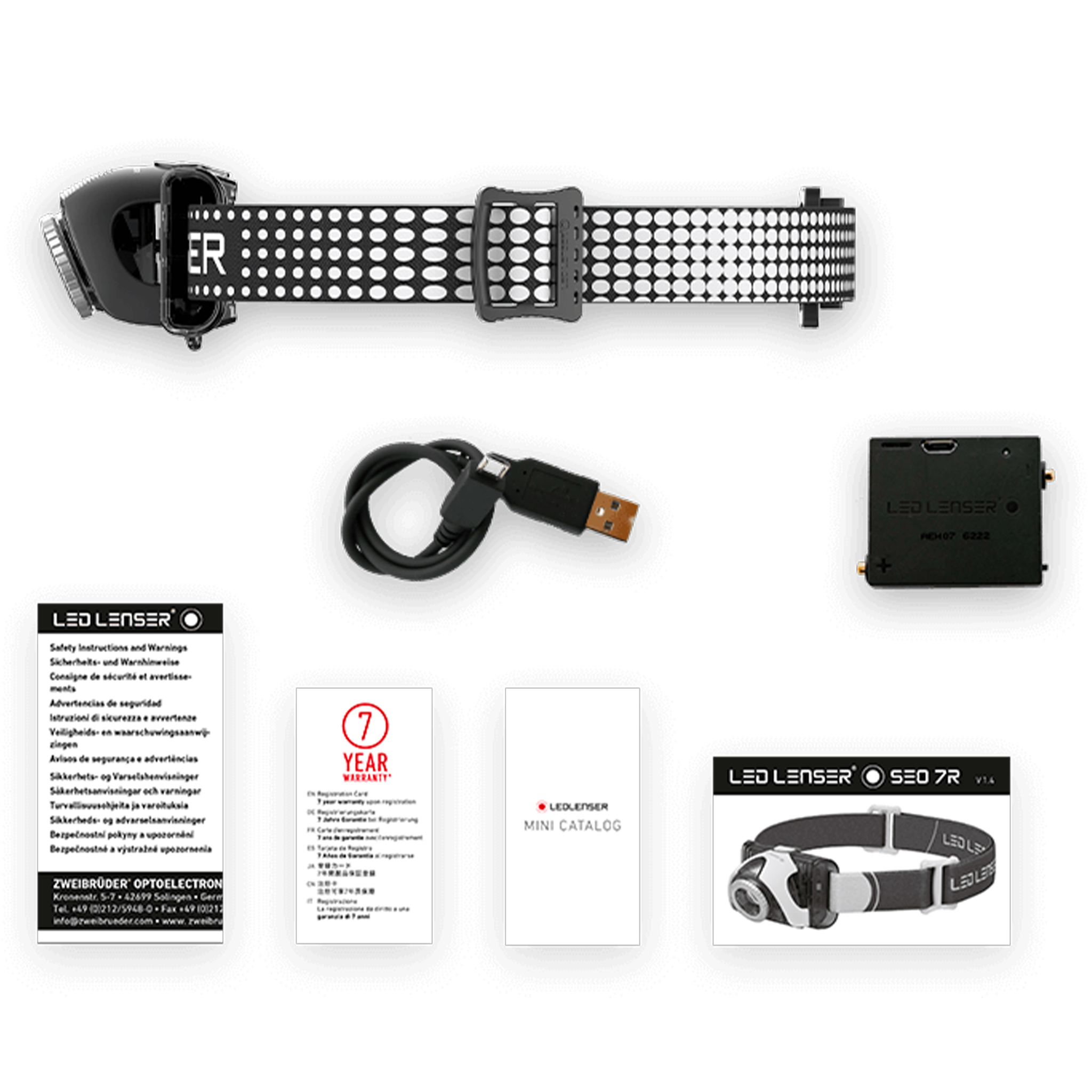 Ledlenser SEO7R Headlamp with perforated strap USB charging cable battery pack and included manuals on a black background