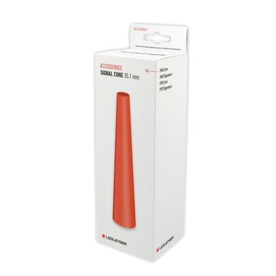 Ledlenser Signal Cone 35 1mm accessory packaging featuring an orange signal cone for P6R Core P6R Signature P7R Core and P7R Signature torches