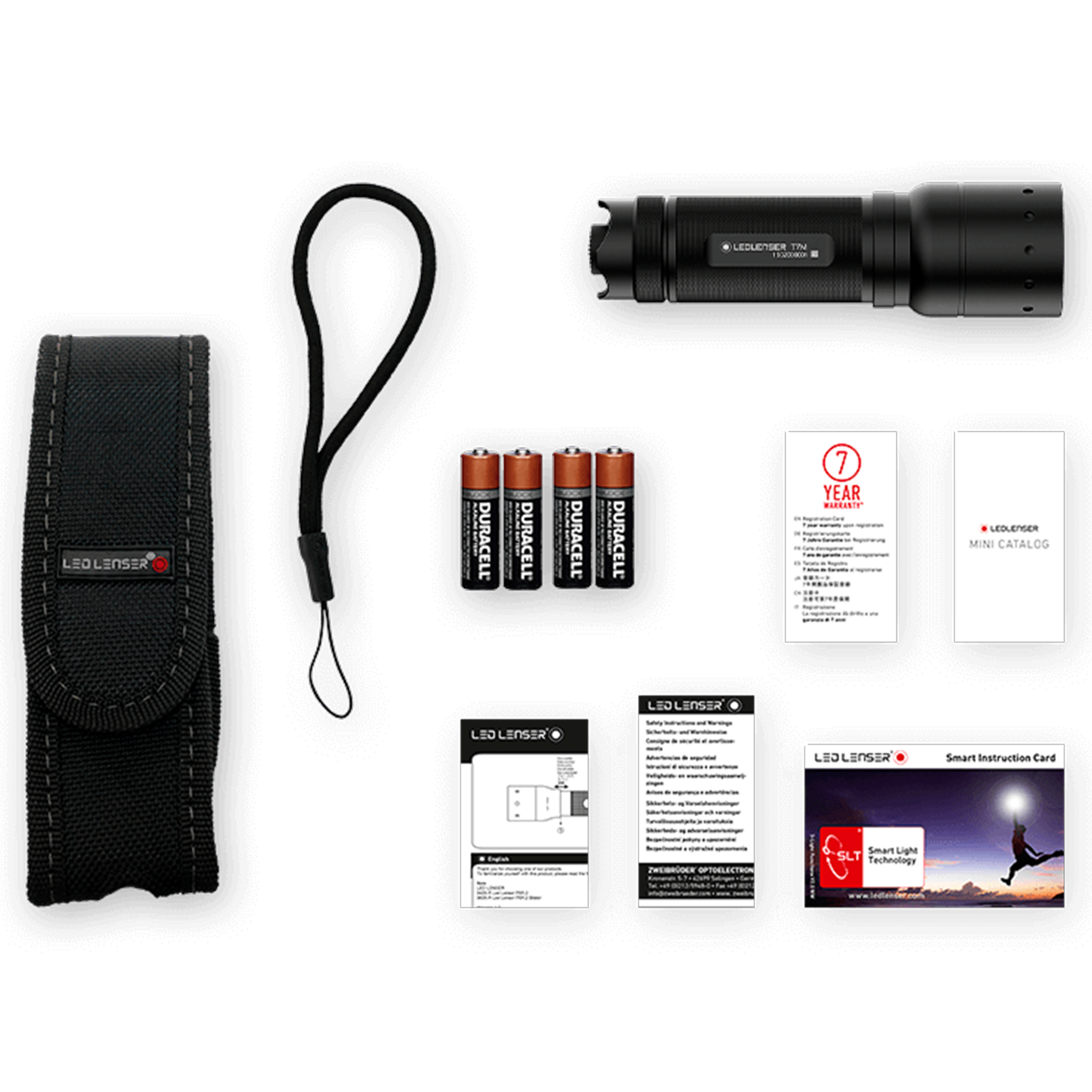 Ledlenser T7M Torch with black torch belt holster lanyard four Duracell batteries and included manuals