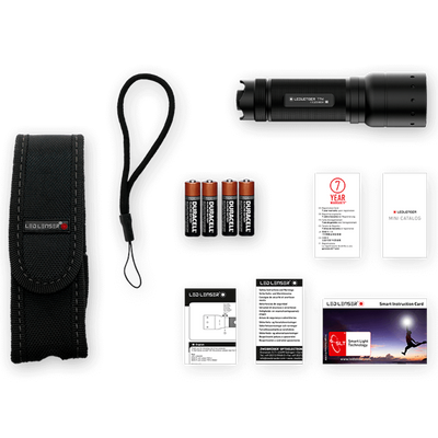 Ledlenser T7M Torch with black torch belt holster lanyard four Duracell batteries and included manuals