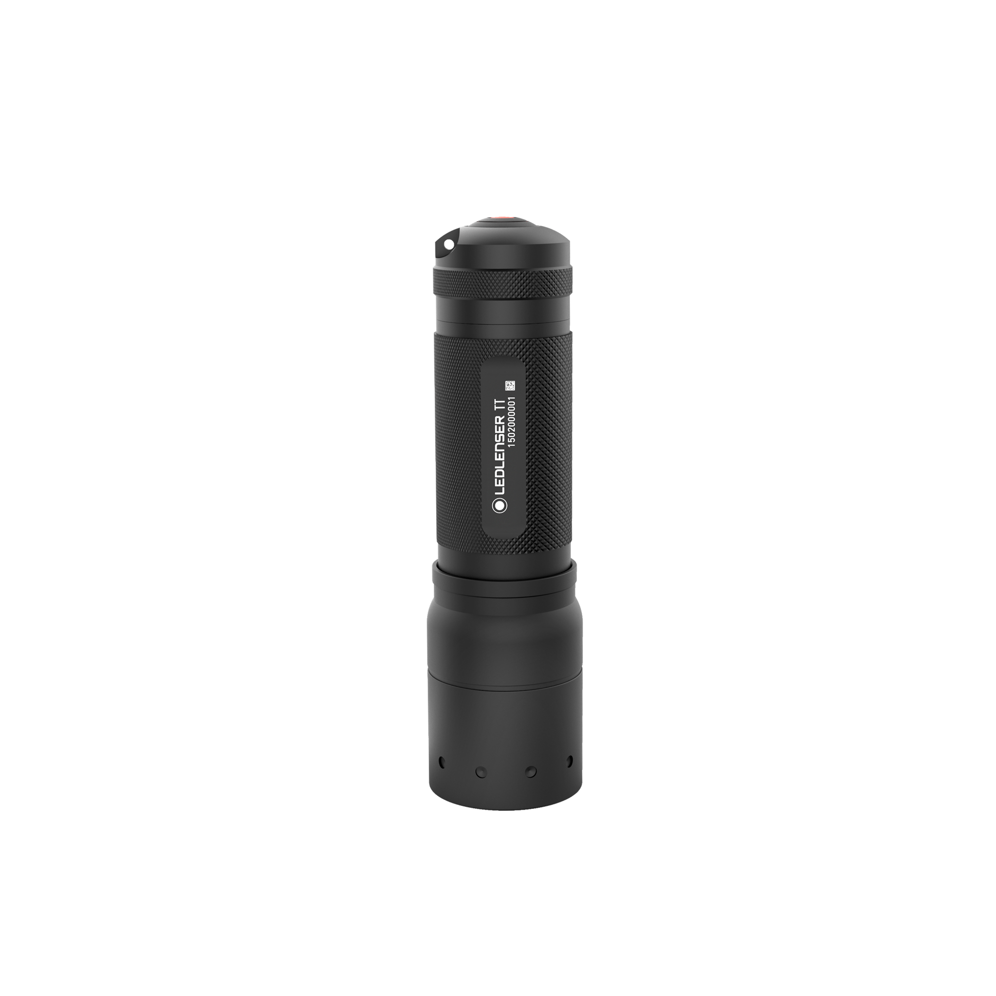 Tac Torch TT Ledlenser handheld flashlight with black textured body upright red beam visible