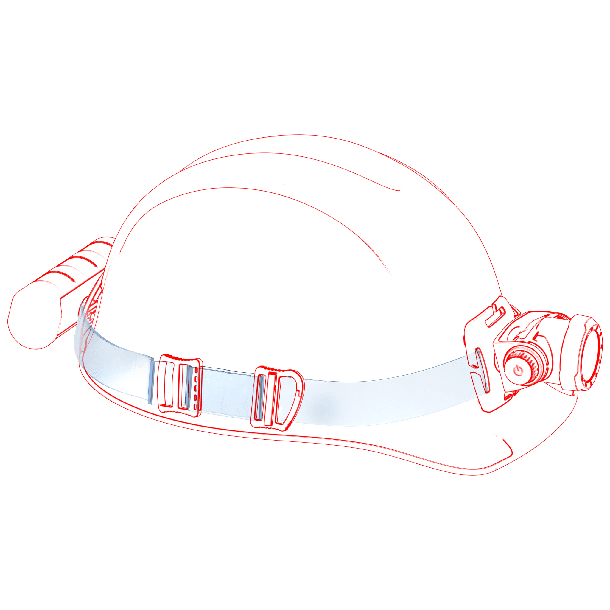 Ledlenser H7R Work Headlamp shown in side angle view with head strap and battery pack in red schematic lines