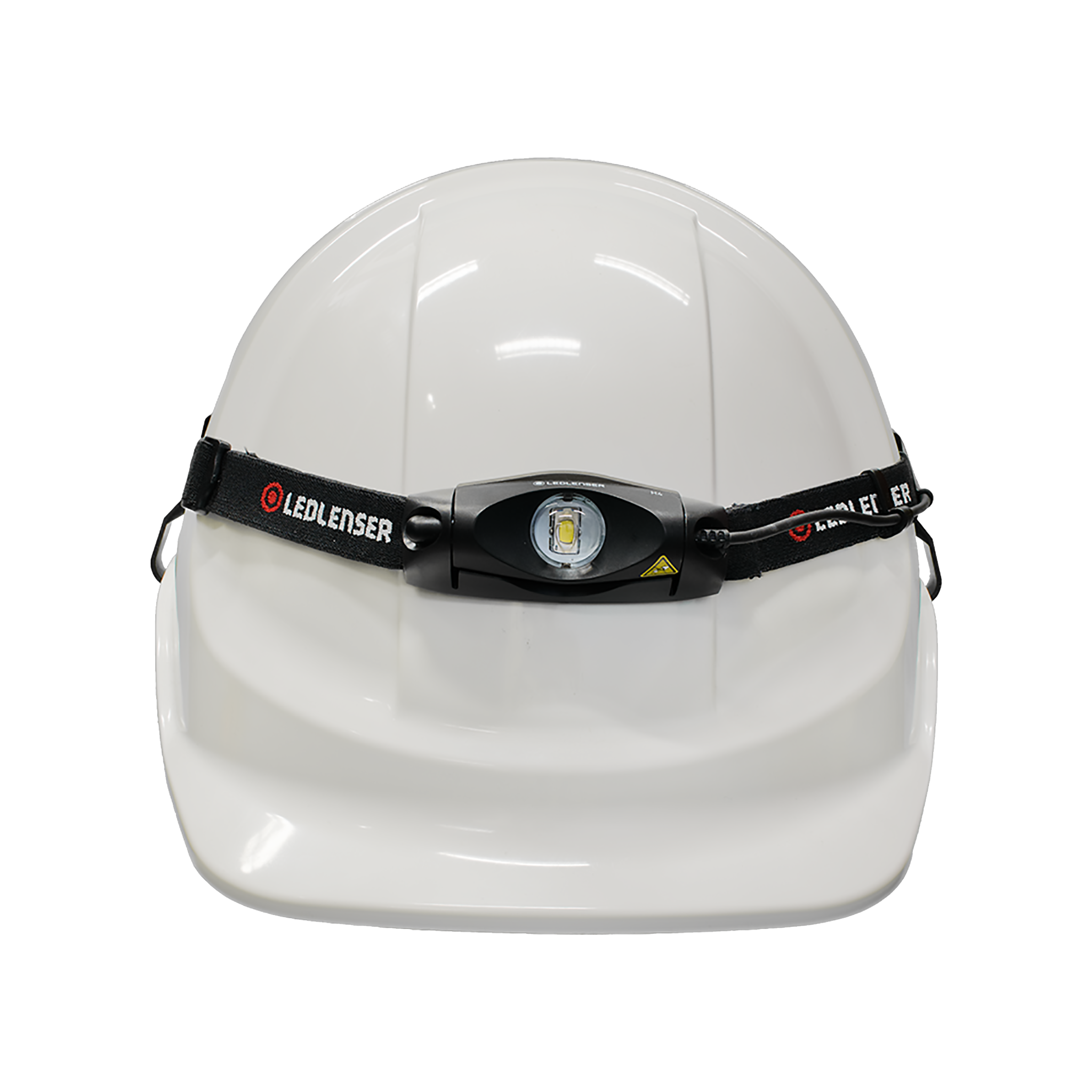 Ledlenser Universal Headlamp Headband Helmet Clip 4 Pack mounted on a white hard hat with a black adjustable strap