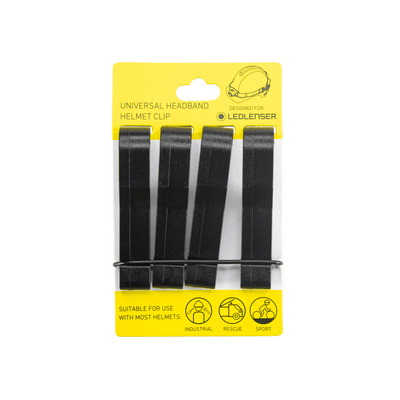 Universal Headlamp Headband Helmet Clip 4 Pack packaging with four black clips designed to attach headbands to helmets Ledlenser