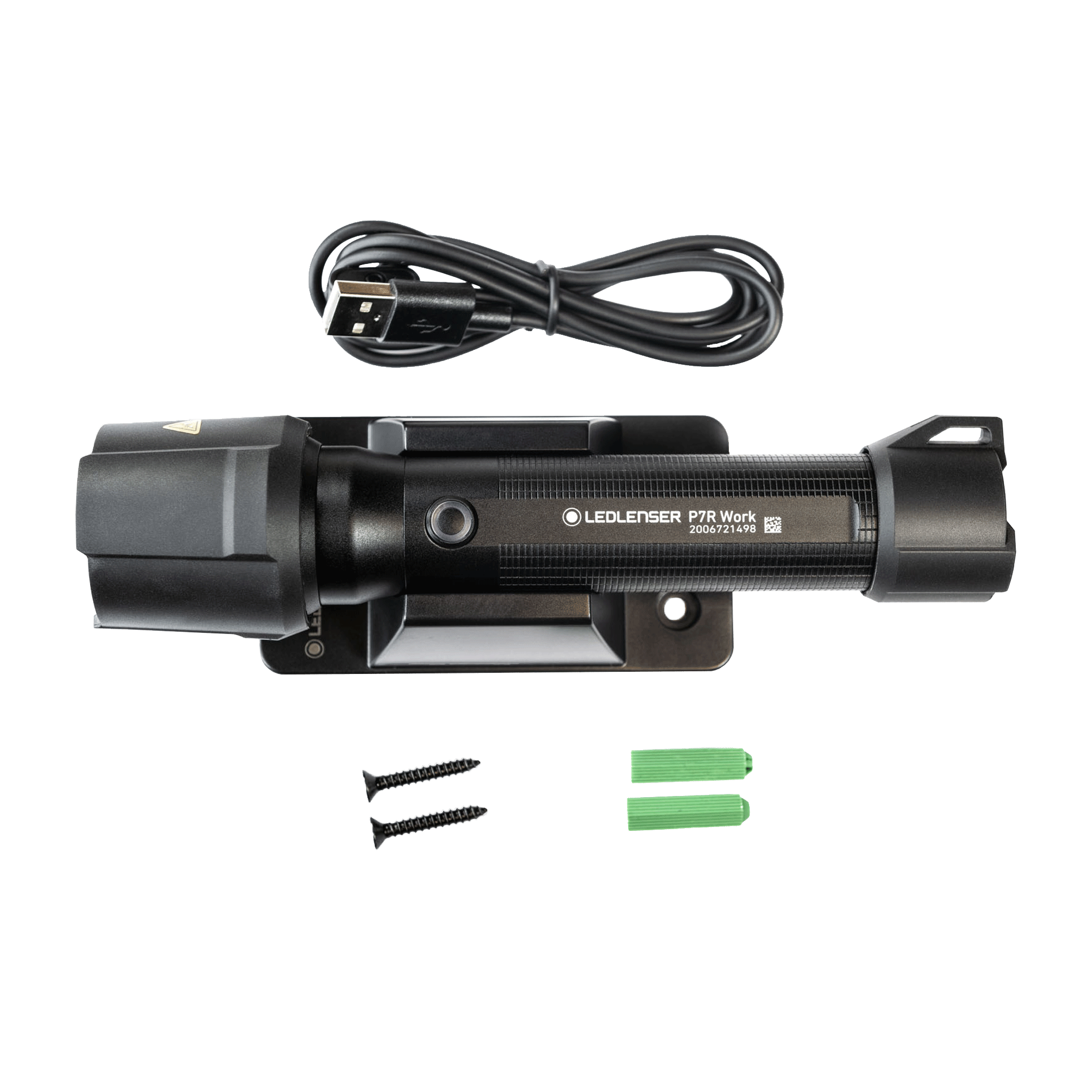 Ledlenser Wall Mount Type B for P7R Work mounted on bracket with USB charging cable screws and green wall plugs