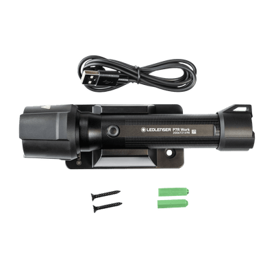 Ledlenser Wall Mount Type B for P7R Work mounted on bracket with USB charging cable screws and green wall plugs