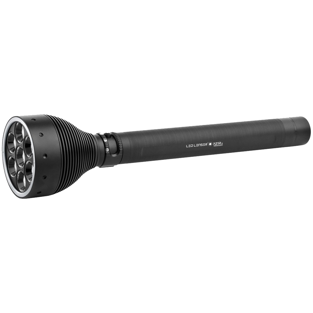 Ledlenser X21R 2 Rechargeable Torch with a large multi LED head and slim black handle shown in side view