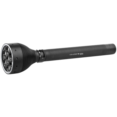 Ledlenser X21R 2 Rechargeable Torch with a large multi LED head and slim black handle shown in side view