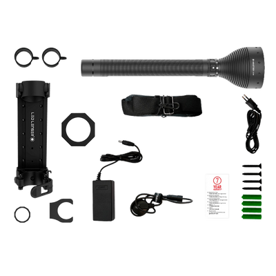 Ledlenser X21R Torch with accessory kit including mounting bracket rings belt strap power adapter cables and screws