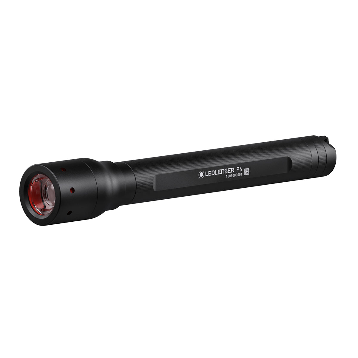 Ledlenser P6 compact torch with black cylindrical body and red lens at the front shown at a slight angle