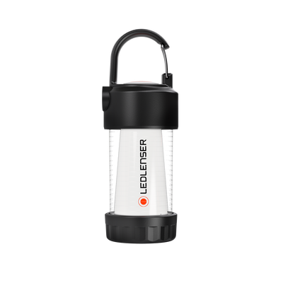 Ledlenser ML4 Lantern white body with black cap and base carabiner hook on top compact rechargeable outdoor lantern